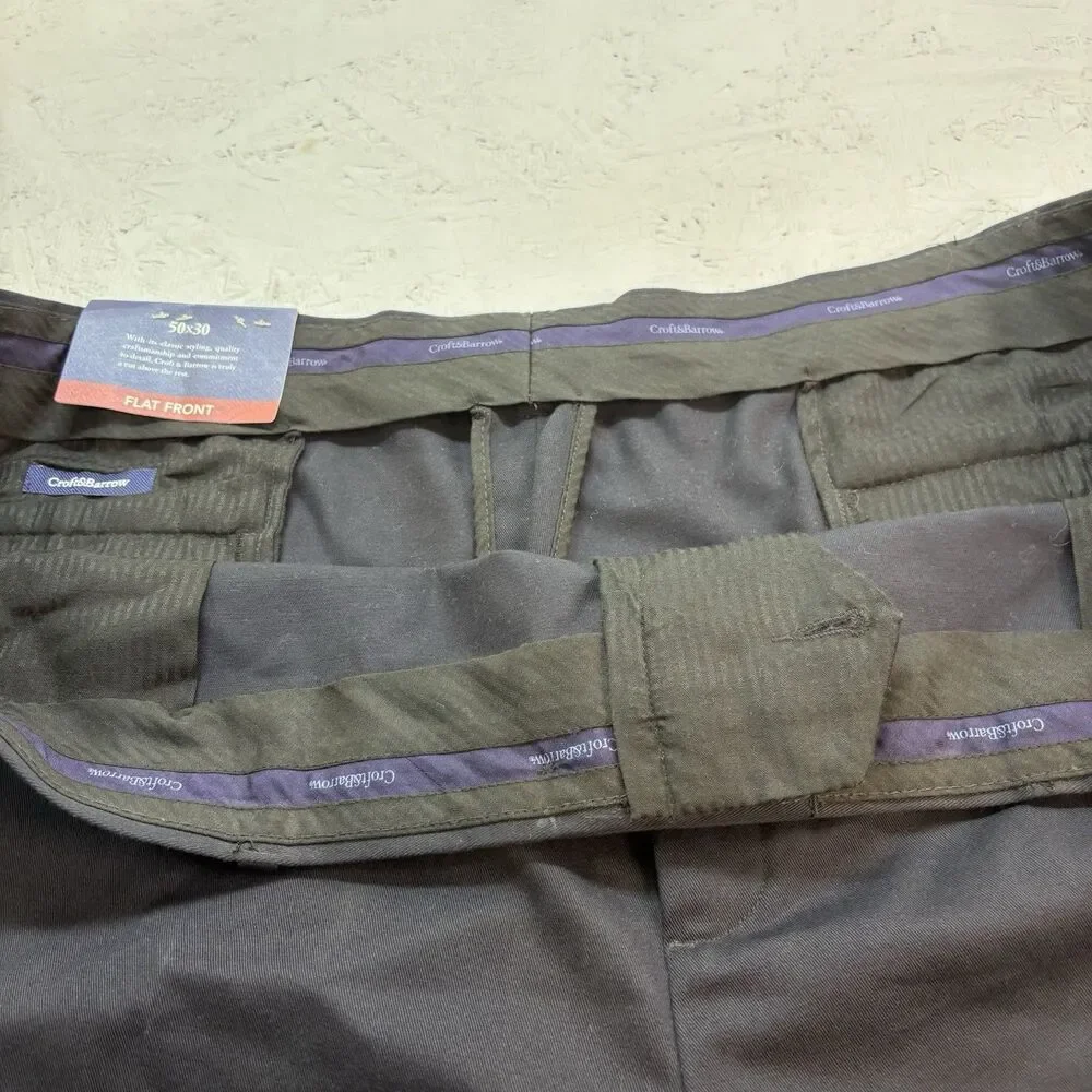 Croft & Barrow Men Dress Pants 50x30 Black(Caviar)Flat Front No Iron 100% Cotton